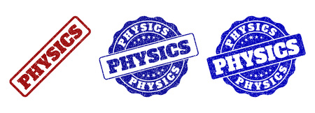 PHYSICS grunge stamp seals in red and blue colors. Vector PHYSICS overlays with draft effect. Graphic elements are rounded rectangles, rosettes, circles and text captions.のイラスト素材