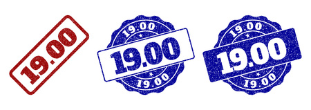 19.00 grunge stamp seals in red and blue colors. Vector 19.00 marks with dirty texture. Graphic elements are rounded rectangles, rosettes, circles and text tags. Designed for rubber stamp imitations.のイラスト素材