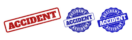 ACCIDENT scratched stamp seals in red and blue colors. Vector ACCIDENT signs with distress surface. Graphic elements are rounded rectangles, rosettes, circles and text captions.のイラスト素材