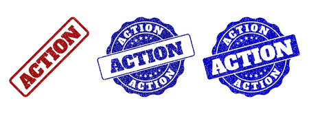 ACTION grunge stamp seals in red and blue colors. Vector ACTION signs with grunge effect. Graphic elements are rounded rectangles, rosettes, circles and text labels.のイラスト素材
