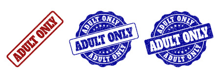 ADULT ONLY grunge stamp seals in red and blue colors. Vector ADULT ONLY labels with distress surface. Graphic elements are rounded rectangles, rosettes, circles and text titles.のイラスト素材