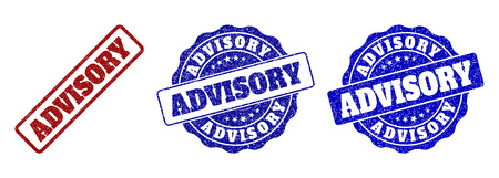 ADVISORY scratched stamp seals in red and blue colors. Vector ADVISORY overlays with grunge style. Graphic elements are rounded rectangles, rosettes, circles and text tags.のイラスト素材