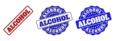 ALCOHOL scratched stamp seals in red and blue colors. Vector ALCOHOL marks with distress surface. Graphic elements are rounded rectangles, rosettes, circles and text captions.のイラスト素材