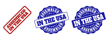 ASSEMBLED IN THE USA grunge stamp seals in red and blue colors. Vector ASSEMBLED IN THE USA overlays with grunge texture. Graphic elements are rounded rectangles, rosettes, circles and text captions.のイラスト素材