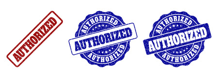 AUTHORIZED grunge stamp seals in red and blue colors. Vector AUTHORIZED overlays with grunge effect. Graphic elements are rounded rectangles, rosettes, circles and text captions.のイラスト素材