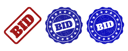 BID grunge stamp seals in red and blue colors. Vector BID labels with grunge effect. Graphic elements are rounded rectangles, rosettes, circles and text labels. Designed for rubber stamp imitations.のイラスト素材