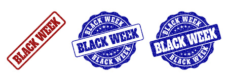 BLACK WEEK scratched stamp seals in red and blue colors. Vector BLACK WEEK overlays with draft surface. Graphic elements are rounded rectangles, rosettes, circles and text labels.のイラスト素材
