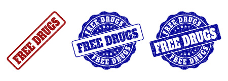 FREE DRUGS grunge stamp seals in red and blue colors. Vector FREE DRUGS watermarks with scratced effect. Graphic elements are rounded rectangles, rosettes, circles and text titles.のイラスト素材