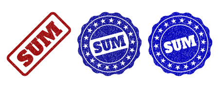 SUM grunge stamp seals in red and blue colors. Vector SUM watermarks with draft surface. Graphic elements are rounded rectangles, rosettes, circles and text captions.のイラスト素材
