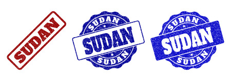 SUDAN grunge stamp seals in red and blue colors. Vector SUDAN marks with grunge surface. Graphic elements are rounded rectangles, rosettes, circles and text tags. Designed for rubber stamp imitations.のイラスト素材