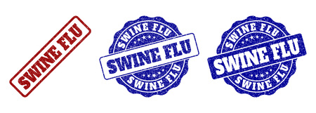 SWINE FLU grunge stamp seals in red and blue colors. Vector SWINE FLU imprints with grunge surface. Graphic elements are rounded rectangles, rosettes, circles and text labels.のイラスト素材