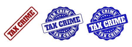 TAX CRIME scratched stamp seals in red and blue colors. Vector TAX CRIME labels with distress texture. Graphic elements are rounded rectangles, rosettes, circles and text labels.のイラスト素材