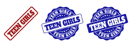 TEEN GIRLS scratched stamp seals in red and blue colors. Vector TEEN GIRLS labels with grainy style. Graphic elements are rounded rectangles, rosettes, circles and text labels.のイラスト素材
