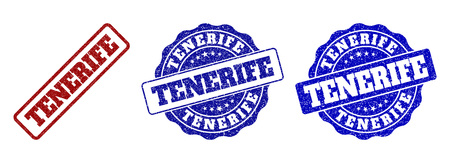 TENERIFE grunge stamp seals in red and blue colors. Vector TENERIFE signs with grunge style. Graphic elements are rounded rectangles, rosettes, circles and text titles.のイラスト素材