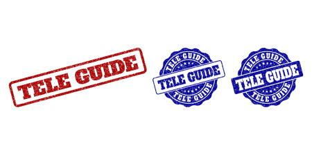 TELE GUIDE scratched stamp seals in red and blue colors. Vector TELE GUIDE labels with grunge effect. Graphic elements are rounded rectangles, rosettes, circles and text labels.のイラスト素材