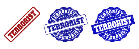 TERRORIST grunge stamp seals in red and blue colors. Vector TERRORIST marks with grunge surface. Graphic elements are rounded rectangles, rosettes, circles and text tags.のイラスト素材
