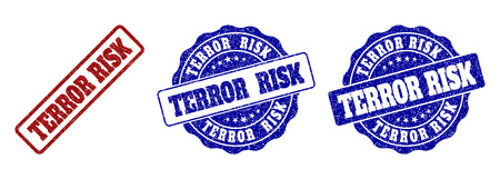 TERROR RISK grunge stamp seals in red and blue colors. Vector TERROR RISK labels with draft texture. Graphic elements are rounded rectangles, rosettes, circles and text labels.のイラスト素材