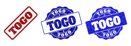 TOGO grunge stamp seals in red and blue colors. Vector TOGO signs with grunge style. Graphic elements are rounded rectangles, rosettes, circles and text tags. Designed for rubber stamp imitations.のイラスト素材