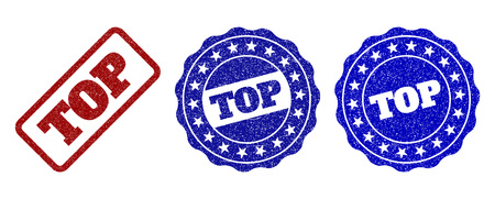 TOP grunge stamp seals in red and blue colors. Vector TOP watermarks with grunge texture. Graphic elements are rounded rectangles, rosettes, circles and text captions.のイラスト素材