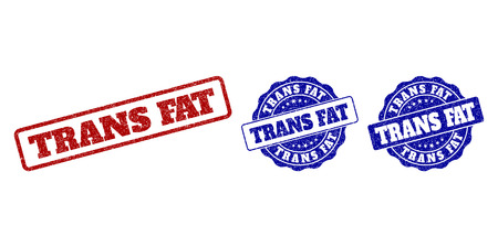 TRANS FAT grunge stamp seals in red and blue colors. Vector TRANS FAT labels with draft surface. Graphic elements are rounded rectangles, rosettes, circles and text labels.のイラスト素材