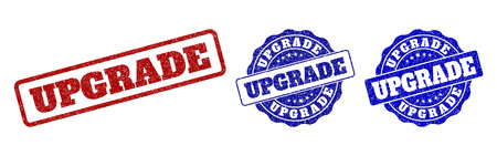 UPGRADE grunge stamp seals in red and blue colors. Vector UPGRADE watermarks with draft texture. Graphic elements are rounded rectangles, rosettes, circles and text tags.のイラスト素材