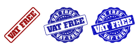 VAT FREE grunge stamp seals in red and blue colors. Vector VAT FREE labels with grunge style. Graphic elements are rounded rectangles, rosettes, circles and text labels.のイラスト素材