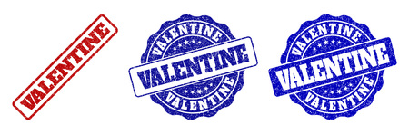 VALENTINE grunge stamp seals in red and blue colors. Vector VALENTINE labels with scratced style. Graphic elements are rounded rectangles, rosettes, circles and text labels.のイラスト素材