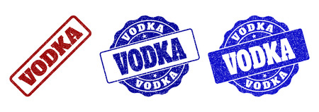 VODKA scratched stamp seals in red and blue colors. Vector VODKA signs with dirty effect. Graphic elements are rounded rectangles, rosettes, circles and text titles.のイラスト素材