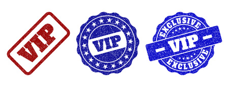 VIP grunge stamp seals in red and blue colors. Vector VIP marks with grunge effect. Graphic elements are rounded rectangles, rosettes, circles and text titles. Designed for rubber stamp imitations.のイラスト素材