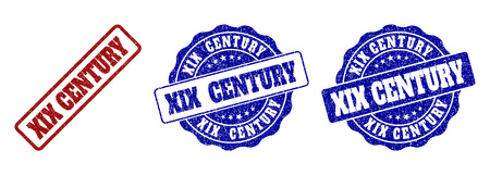 XIX CENTURY grunge stamp seals in red and blue colors. Vector XIX CENTURY labels with grunge effect. Graphic elements are rounded rectangles, rosettes, circles and text captions.のイラスト素材
