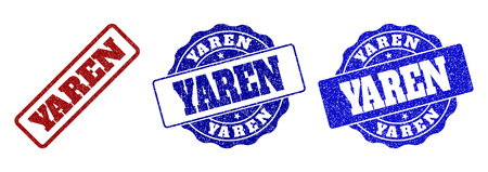 YAREN grunge stamp seals in red and blue colors. Vector YAREN labels with grunge texture. Graphic elements are rounded rectangles, rosettes, circles and text labels.のイラスト素材