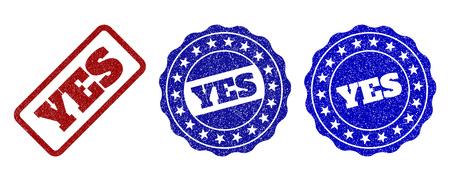 YES grunge stamp seals in red and blue colors. Vector YES labels with grunge texture. Graphic elements are rounded rectangles, rosettes, circles and text captions.のイラスト素材