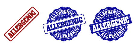 ALLERGENIC scratched stamp seals in red and blue colors. Vector ALLERGENIC labels with draft texture. Graphic elements are rounded rectangles, rosettes, circles and text labels.のイラスト素材