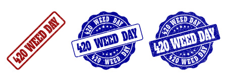 420 WEED DAY grunge stamp seals in red and blue colors. Vector 420 WEED DAY labels with distress effect. Graphic elements are rounded rectangles, rosettes, circles and text labels.のイラスト素材