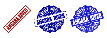 ANGARA RIVER scratched stamp seals in red and blue colors. Vector ANGARA RIVER overlays with distress surface. Graphic elements are rounded rectangles, rosettes, circles and text tags.のイラスト素材