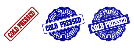 COLD PRESSED grunge stamp seals in red and blue colors. Vector COLD PRESSED watermarks with grunge effect. Graphic elements are rounded rectangles, rosettes, circles and text labels.のイラスト素材