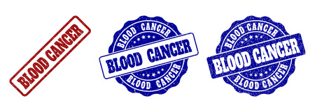 BLOOD CANCER grunge stamp seals in red and blue colors. Vector BLOOD CANCER labels with draft effect. Graphic elements are rounded rectangles, rosettes, circles and text labels.のイラスト素材