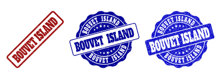 BOUVET ISLAND grunge stamp seals in red and blue colors. Vector BOUVET ISLAND labels with scratced style. Graphic elements are rounded rectangles, rosettes, circles and text labels.のイラスト素材