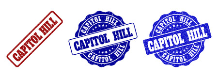 CAPITOL HILL grunge stamp seals in red and blue colors. Vector CAPITOL HILL signs with grunge surface. Graphic elements are rounded rectangles, rosettes, circles and text tags.のイラスト素材