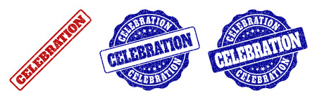 CELEBRATION scratched stamp seals in red and blue colors. Vector CELEBRATION labels with distress surface. Graphic elements are rounded rectangles, rosettes, circles and text labels.のイラスト素材