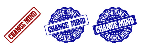CHANGE MIND scratched stamp seals in red and blue colors. Vector CHANGE MIND labels with dirty effect. Graphic elements are rounded rectangles, rosettes, circles and text labels.のイラスト素材