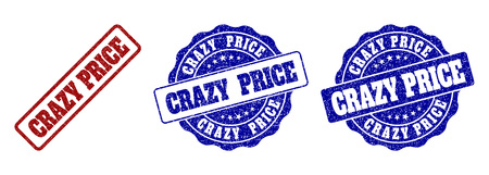 CRAZY PRICE grunge stamp seals in red and blue colors. Vector CRAZY PRICE labels with grunge effect. Graphic elements are rounded rectangles, rosettes, circles and text titles.のイラスト素材
