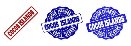 COCOS ISLANDS grunge stamp seals in red and blue colors. Vector COCOS ISLANDS marks with grunge texture. Graphic elements are rounded rectangles, rosettes, circles and text tags.のイラスト素材