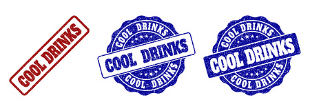 COOL DRINKS grunge stamp seals in red and blue colors. Vector COOL DRINKS marks with grunge effect. Graphic elements are rounded rectangles, rosettes, circles and text captions.のイラスト素材