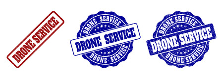 DRONE SERVICE grunge stamp seals in red and blue colors. Vector DRONE SERVICE marks with grunge effect. Graphic elements are rounded rectangles, rosettes, circles and text captions.のイラスト素材