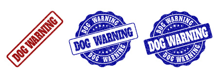DOG WARNING grunge stamp seals in red and blue colors. Vector DOG WARNING marks with grunge surface. Graphic elements are rounded rectangles, rosettes, circles and text tags.のイラスト素材
