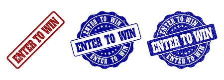 ENTER TO WIN grunge stamp seals in red and blue colors. Vector ENTER TO WIN labels with grunge style. Graphic elements are rounded rectangles, rosettes, circles and text titles.のイラスト素材