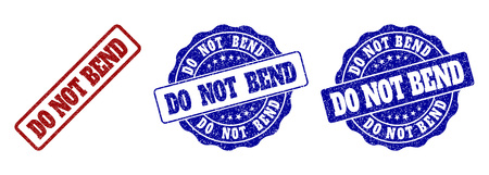 DO NOT BEND grunge stamp seals in red and blue colors. Vector DO NOT BEND labels with scratced style. Graphic elements are rounded rectangles, rosettes, circles and text labels.のイラスト素材