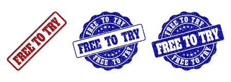 FREE TO TRY scratched stamp seals in red and blue colors. Vector FREE TO TRY labels with scratced surface. Graphic elements are rounded rectangles, rosettes, circles and text captions.のイラスト素材