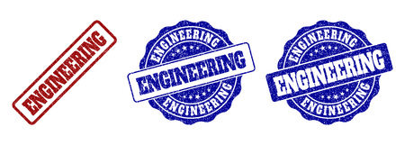 ENGINEERING scratched stamp seals in red and blue colors. Vector ENGINEERING imprints with grunge effect. Graphic elements are rounded rectangles, rosettes, circles and text tags.のイラスト素材